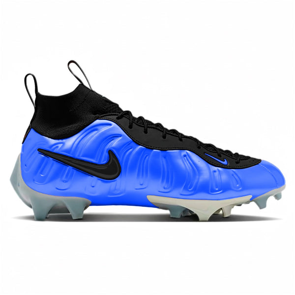 Royal Frost custom Nike Vaporposite Pro football cleats in bright royal blue foamposite shell with black swoosh and icy cleat plate by Stadium Custom Kicks