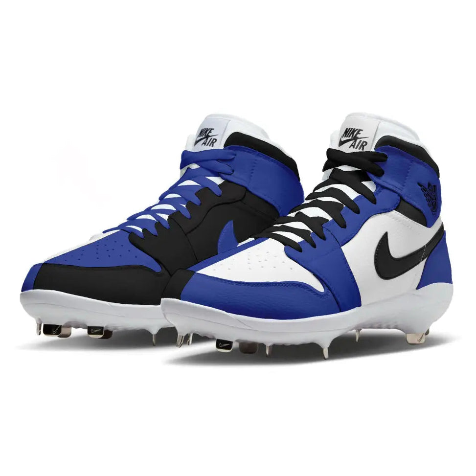 Blue, black, and white cleats with Nike logo on a white background