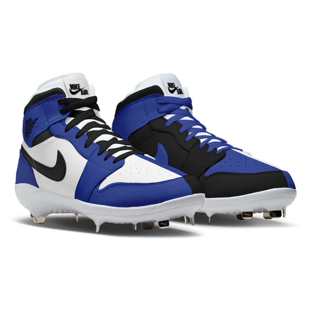 Blue, black, and white Nike cleats on a white background