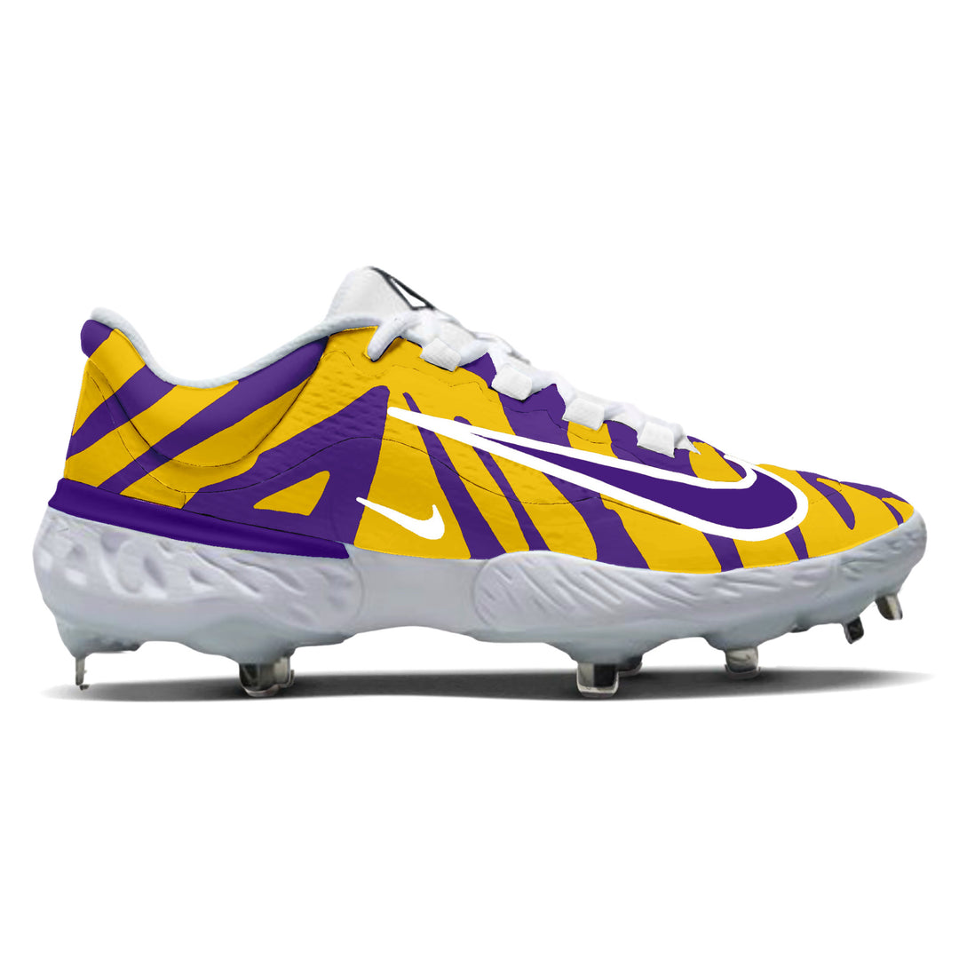 Royal Rampage Nike Alpha Huarache Elite 4 low baseball cleats in purple and gold with white swoosh, custom Nike metal spikes for baseball by Stadium Custom Kicks