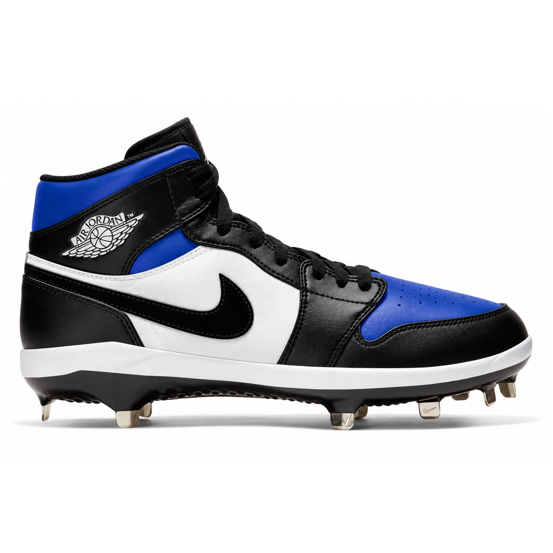 A high-top baseball cleat , featuring a black leather upper with white panels, a vibrant royal blue toe cap and collar lining, and a white Nike swoosh on the side.
