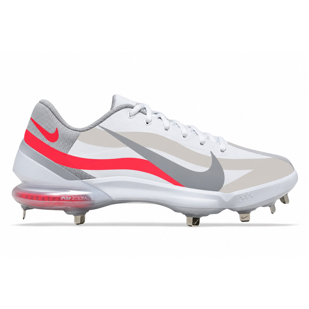 A Nike baseball cleat with a white, gray, and red colorway, featuring a white Nike Swoosh and a red Nike Swoosh on the side, set against a plain white background.
