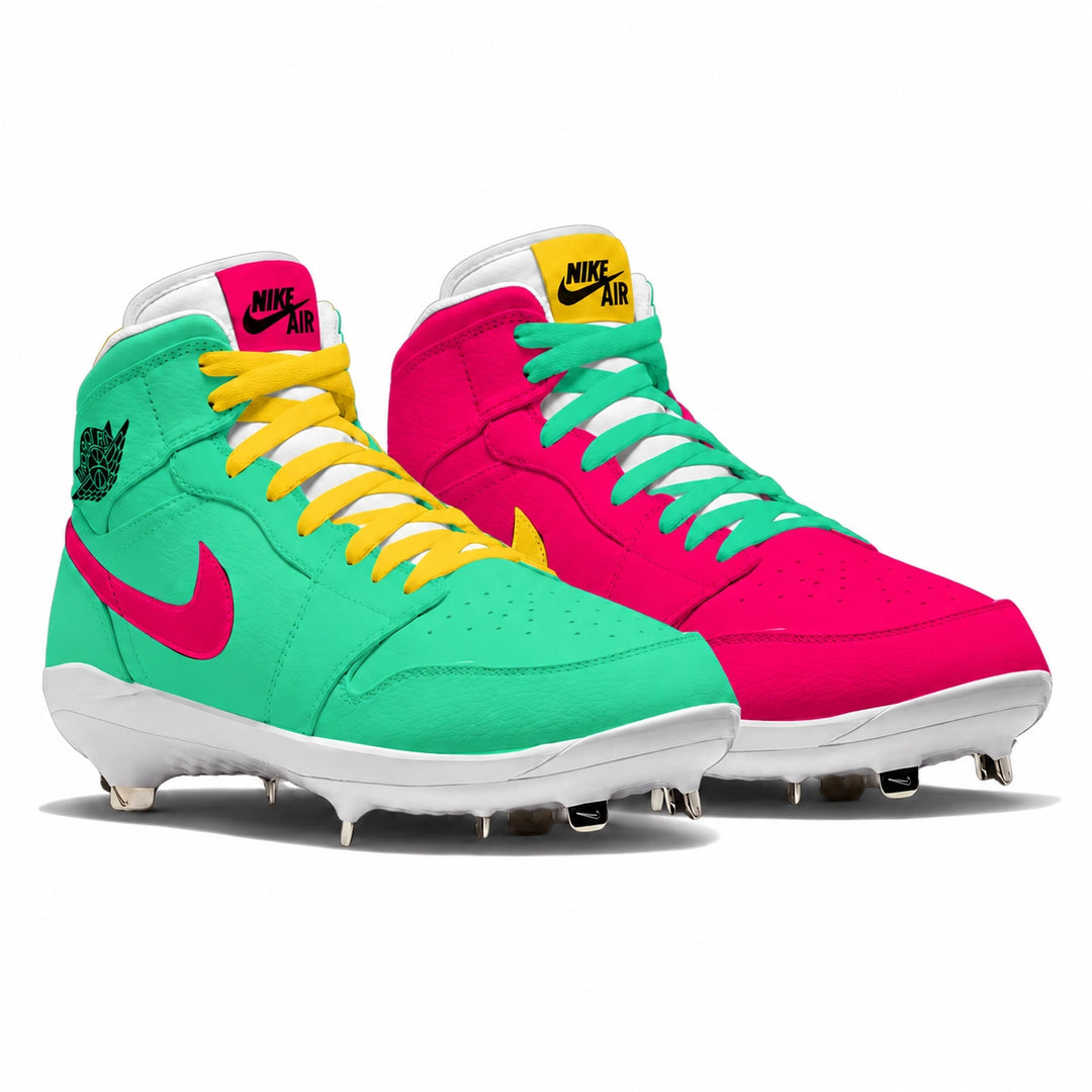 A pair of Nike Air mid-top baseball cleats in a vibrant neon colorway, featuring a mint green upper on the front shoe, a hot pink upper on the rear shoe, yellow laces, and a white sole with metal studs.