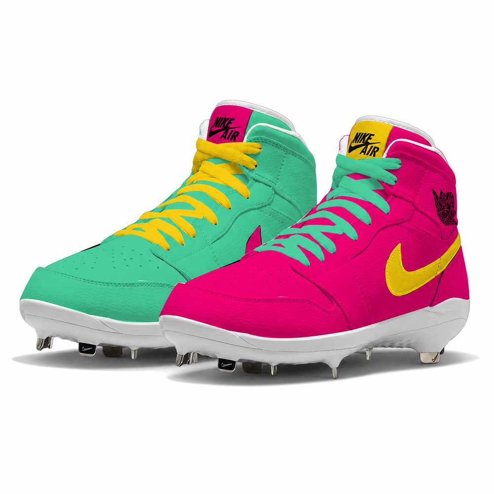 Colorful Nike cleats with green, pink, and yellow design on a white background