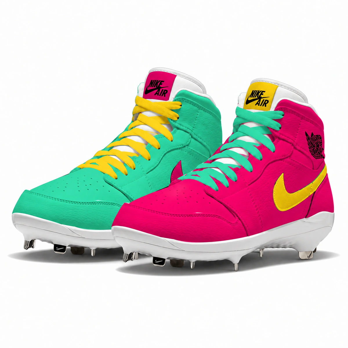 A pair of Nike high-top baseball cleats in a vibrant neon colorway, featuring a bright pink toe box, mint green overlays, yellow laces and Swoosh, and white midsoles with cleats.