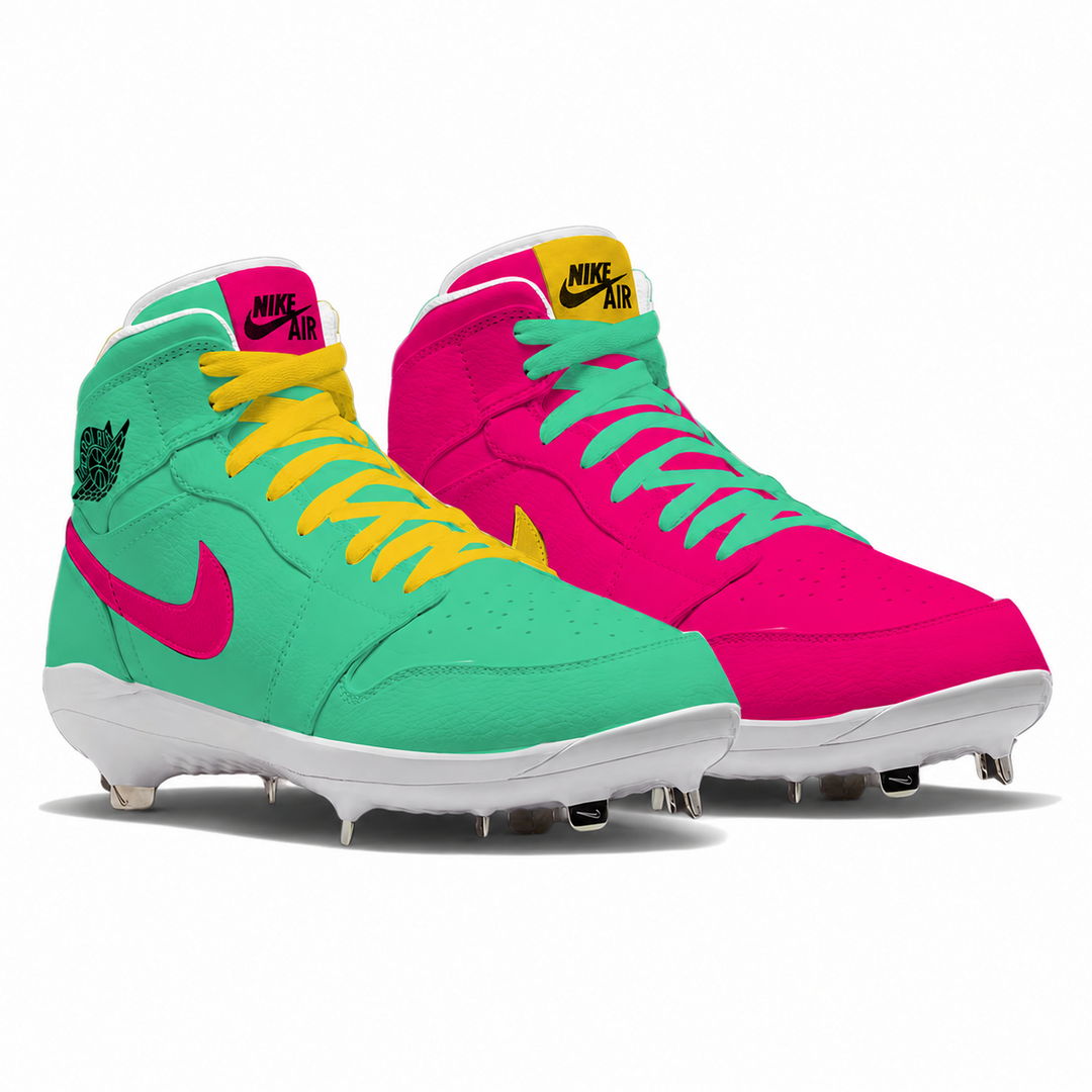 Colorful Nike cleats with pink and green design on a white background