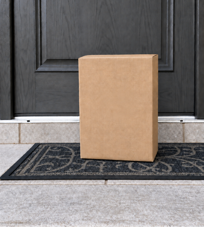 A plain brown cardboard box standing upright on a dark patterned doormat in front of a dark gray paneled door.