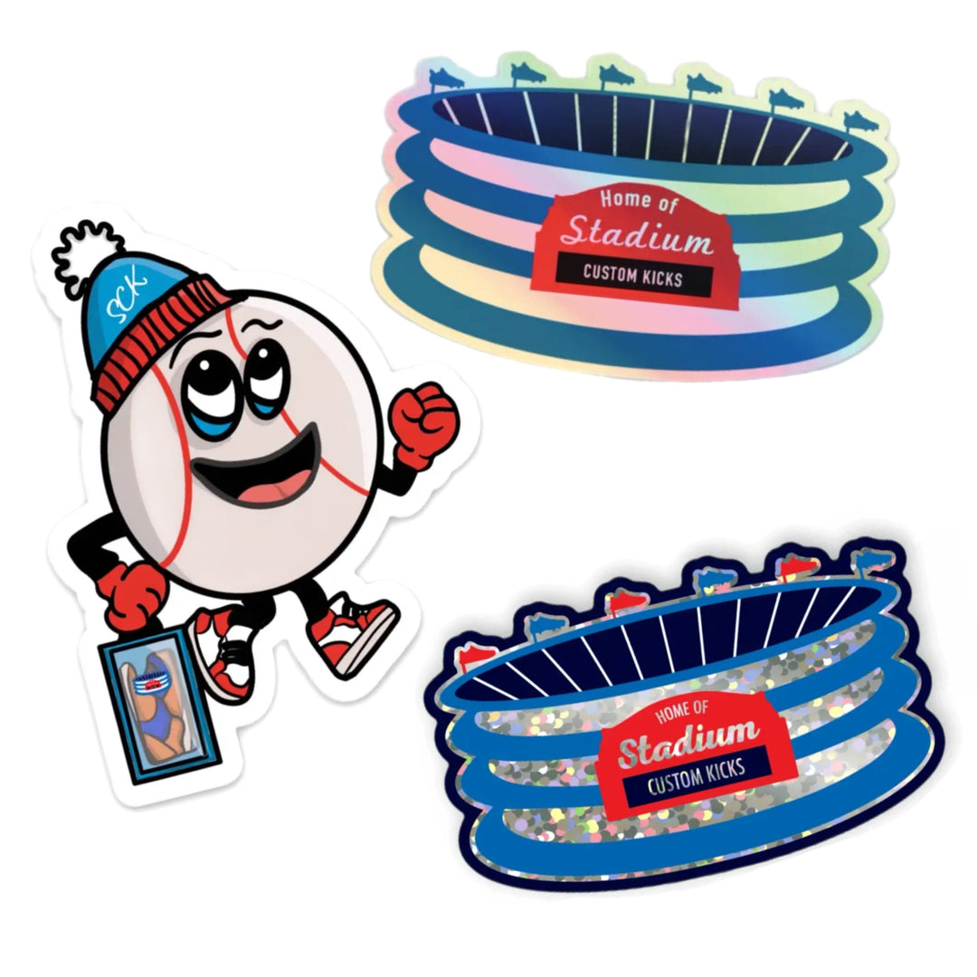 Sticker of a baseball character with a hat and shoes, and two stadium illustrations on a white background.