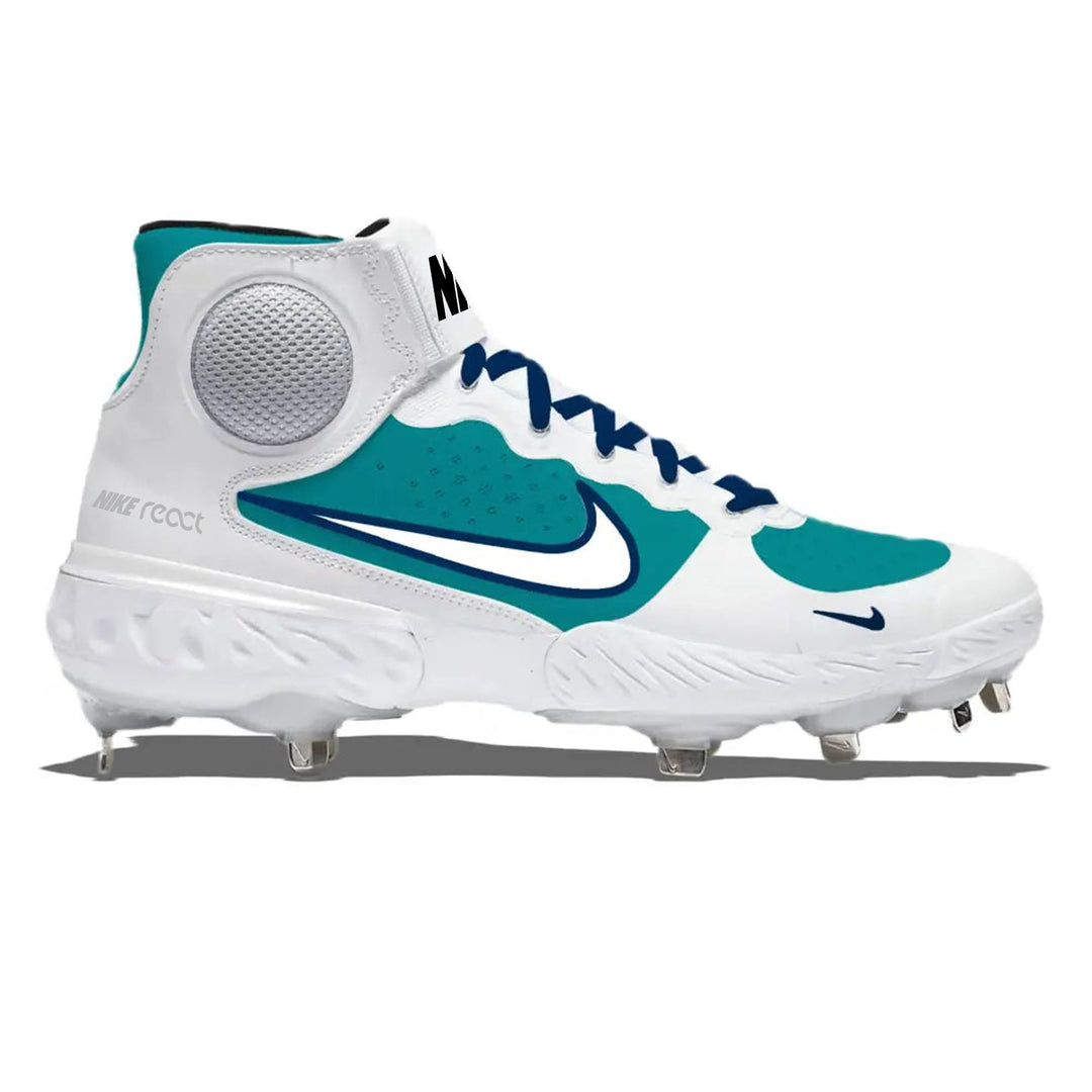 ’Seattle’ Nike Alpha Huarache Elite 3 Mid Cleats with a white, northwest green teal, navy blue color way.