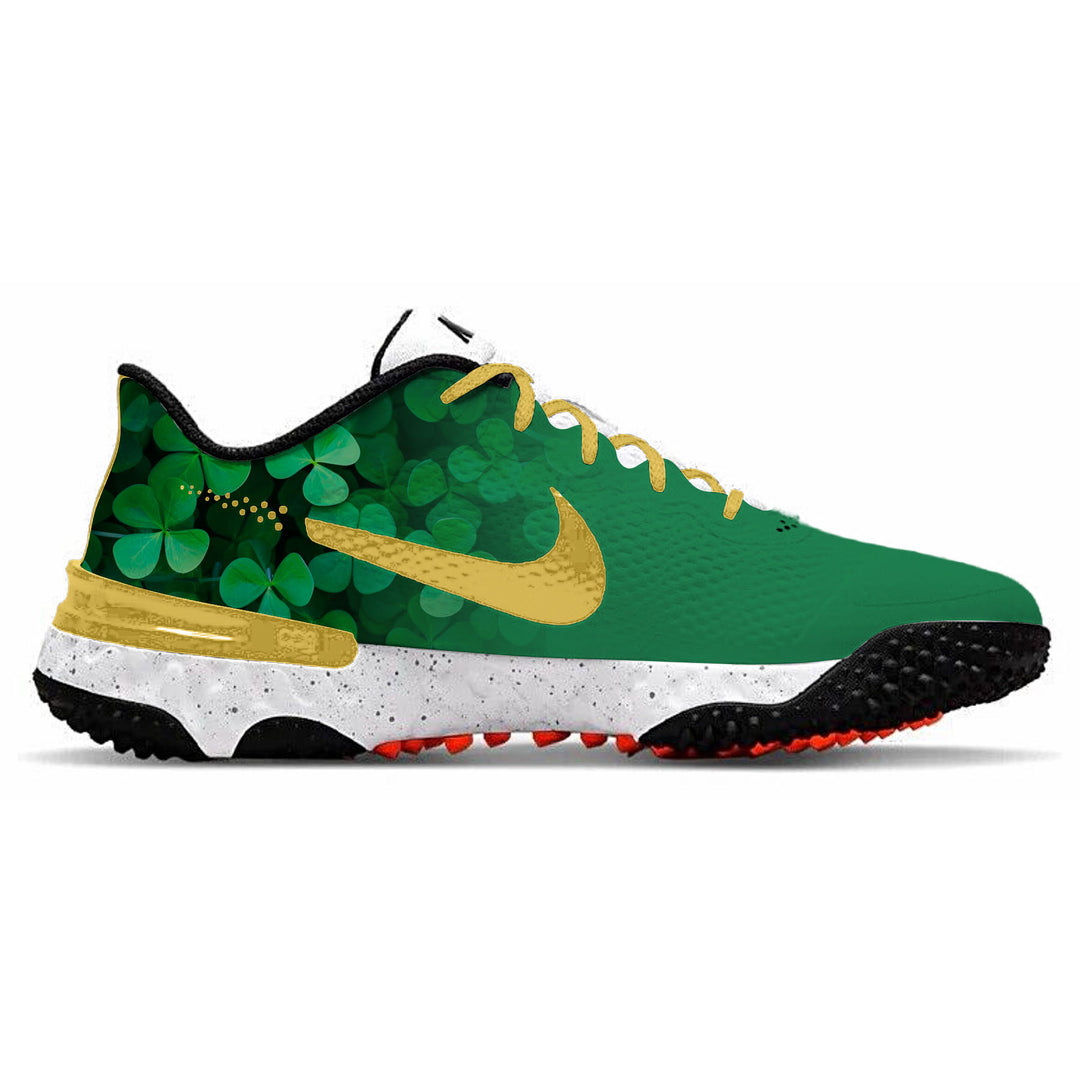 Custom green and gold Nike Alpha Huarache Elite 3 turf shoes with shamrock clover pattern design by Stadium Custom Kicks