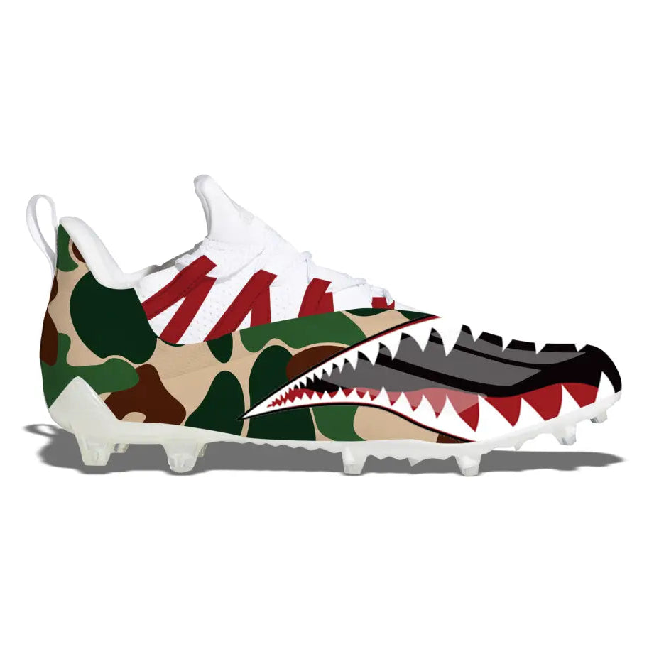 Camouflage football cleat with shark design from Shark Camo Adidas Adizero 11.0 collection