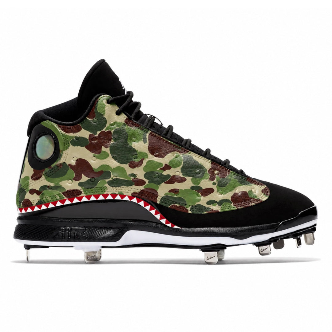 Camouflage baseball cleats on the Shark Camo Jordan 13 Retro.