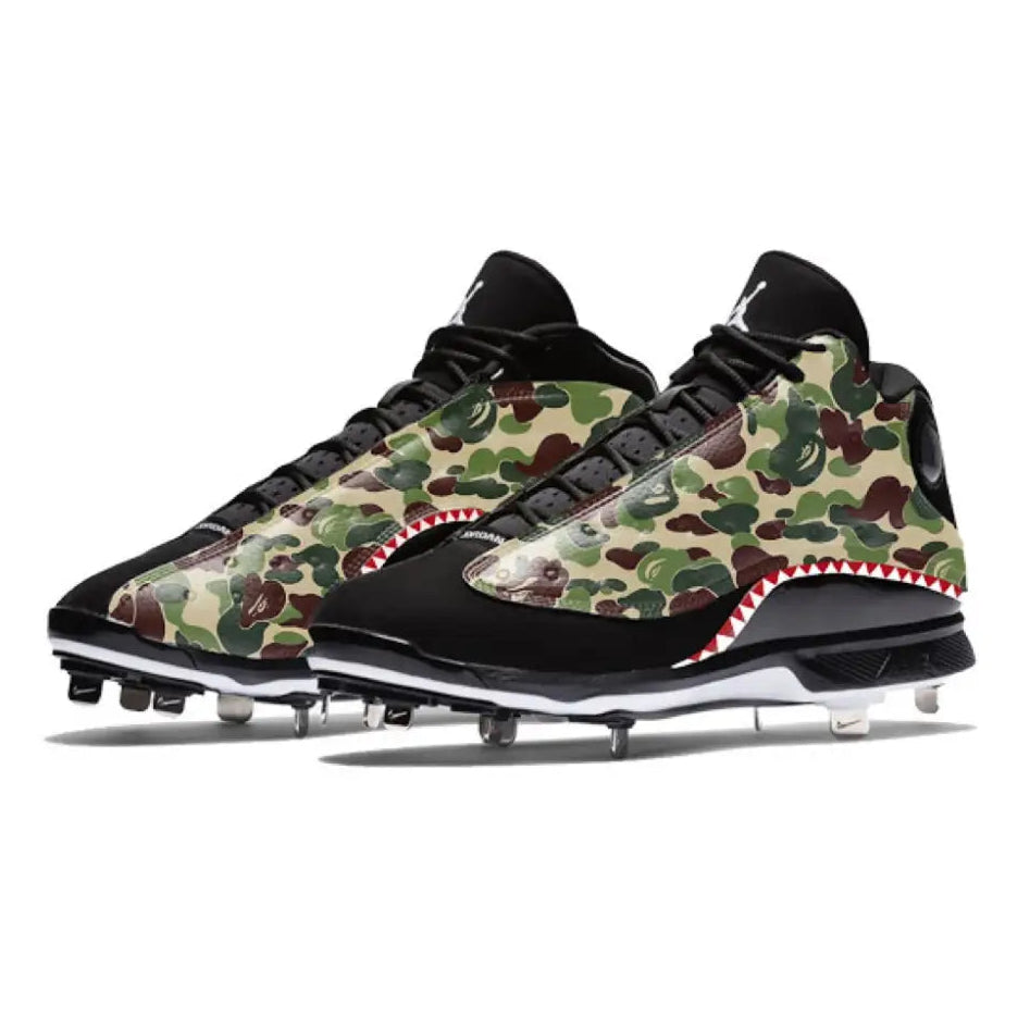 Camouflage baseball cleats on the Shark Camo Jordan 13 Retro product display