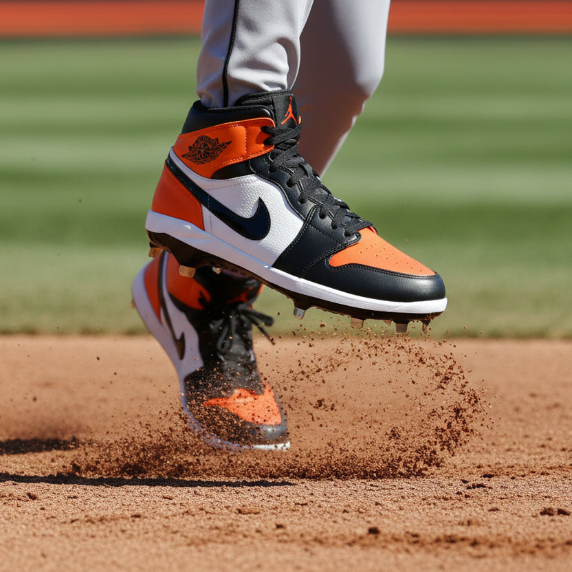 Baseball player wearing custom hand painted Shattered Backboard Jordan 1 Retro Metal Cleats.