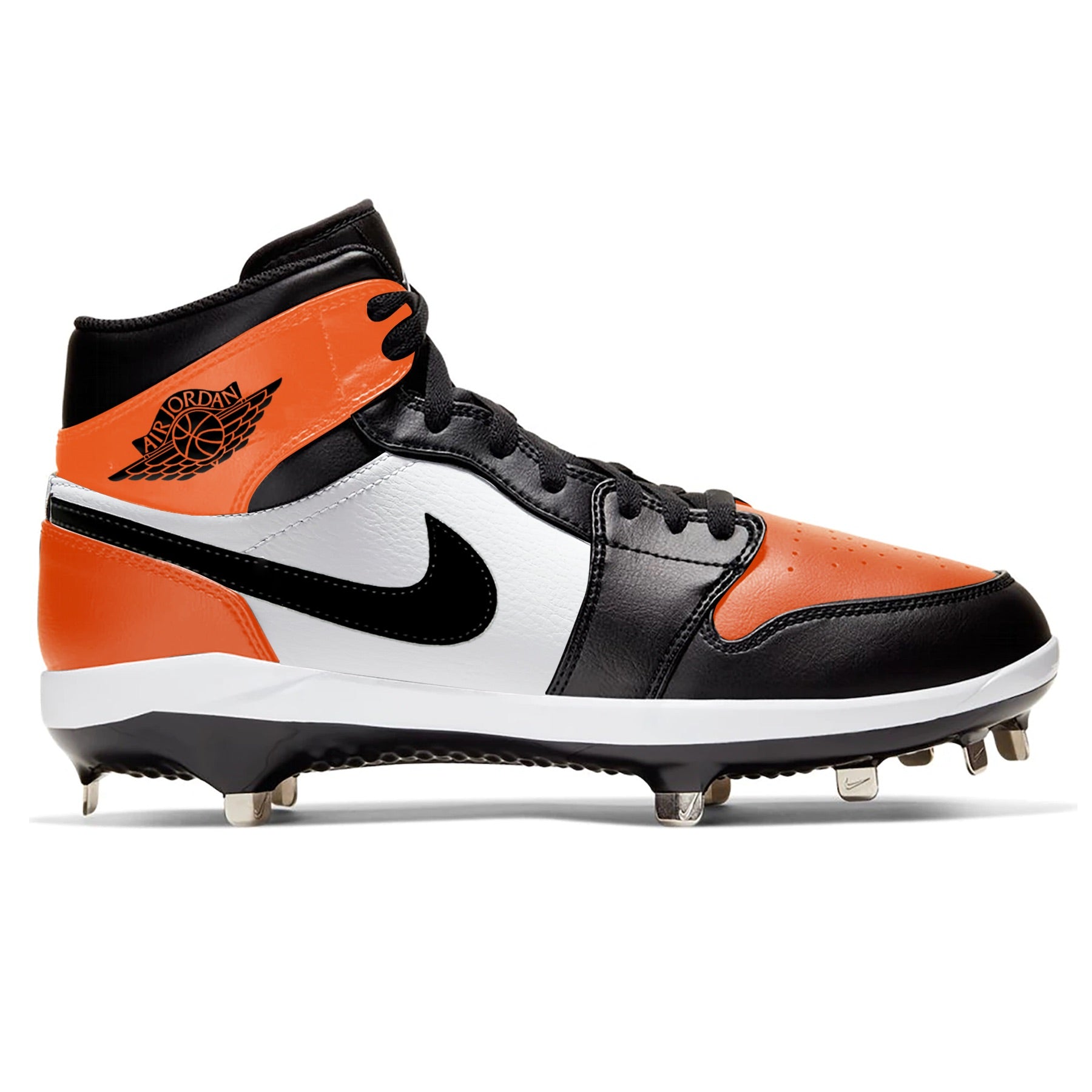 Side view of Jordan 1 Retro baseball cleats in the Shattered Backboard color way, featuring orange, black, and white leather with metal spikes, hand painted and made to order by Stadium Custom Kicks.