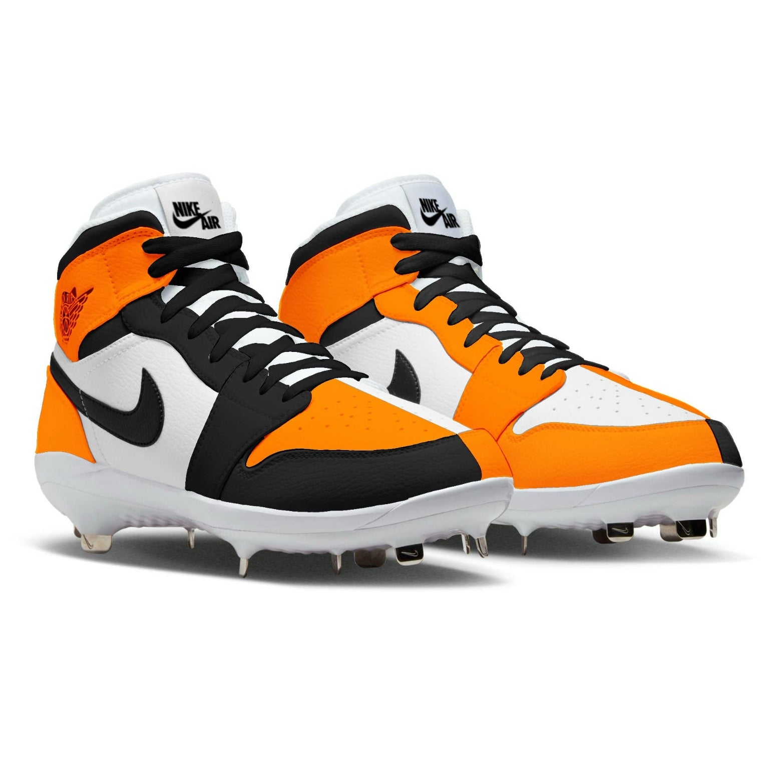 Orange, black, and white cleats on a white background