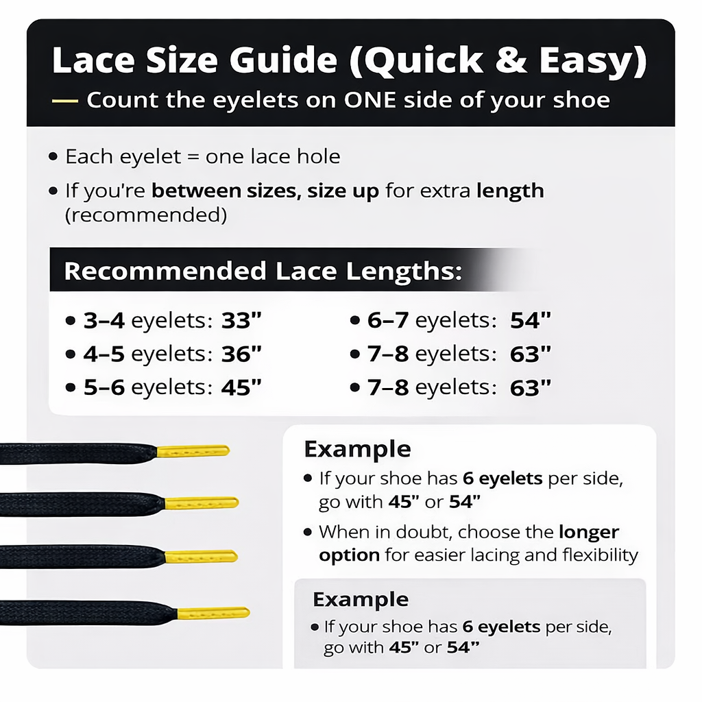 Lace size guide infographic showing recommended shoelace lengths based on the number of eyelets per side.