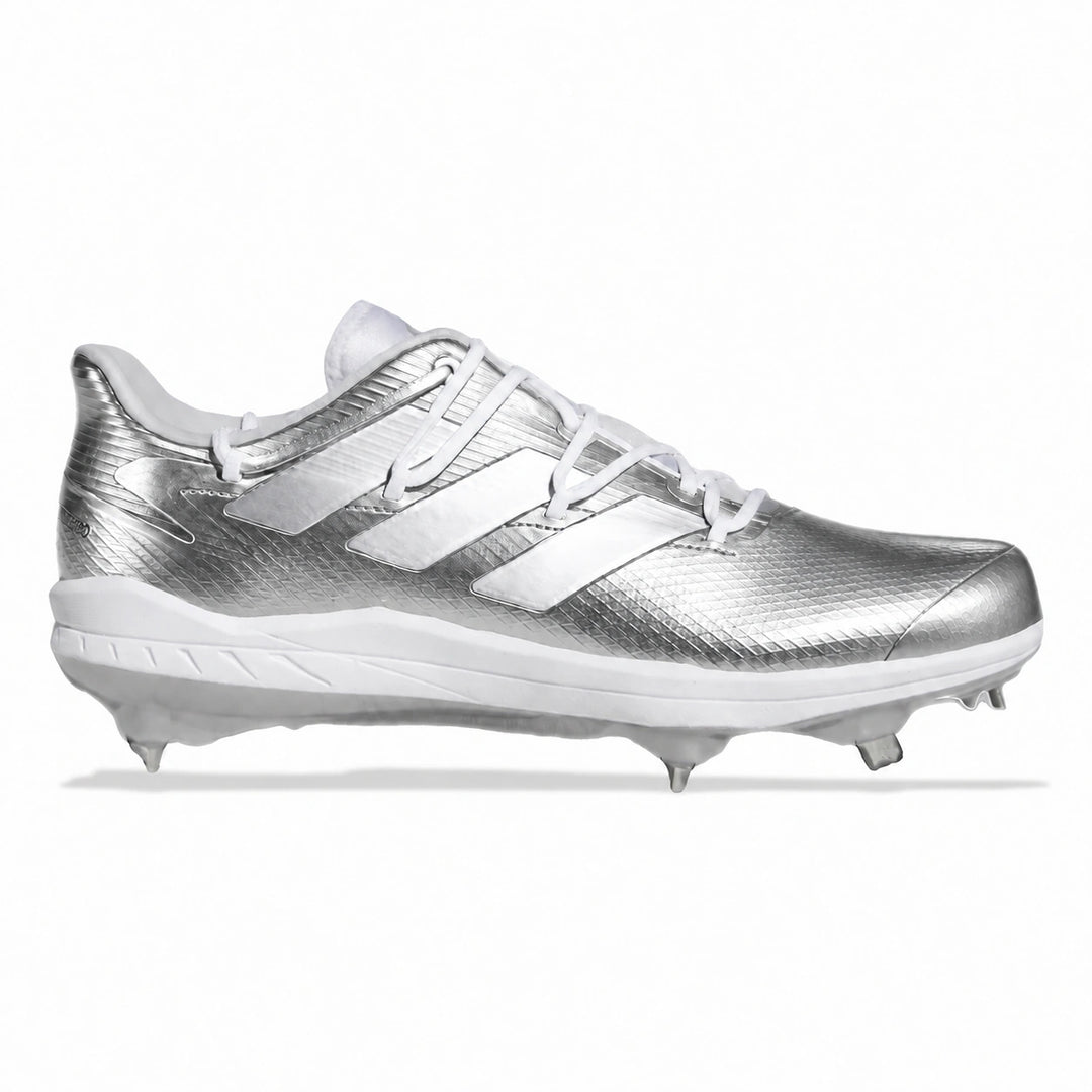 A single Adidas baseball cleat in metallic silver with white stripes, laces, and sole, shown in a side profile on a white background.