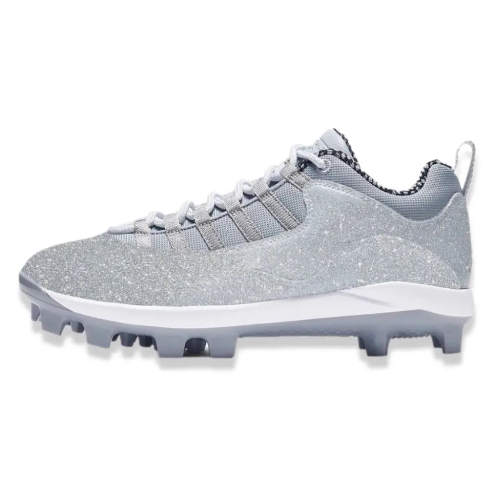 Silver glitter baseball cleat from Jordan 10 MCS Low Baseball Cleats product line