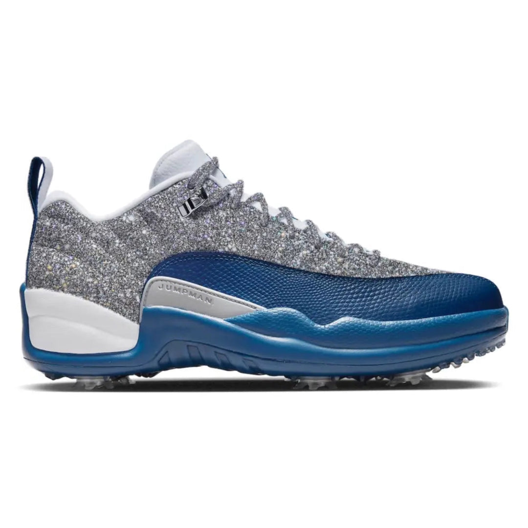Blue and silver golf shoes with textured design on a white background