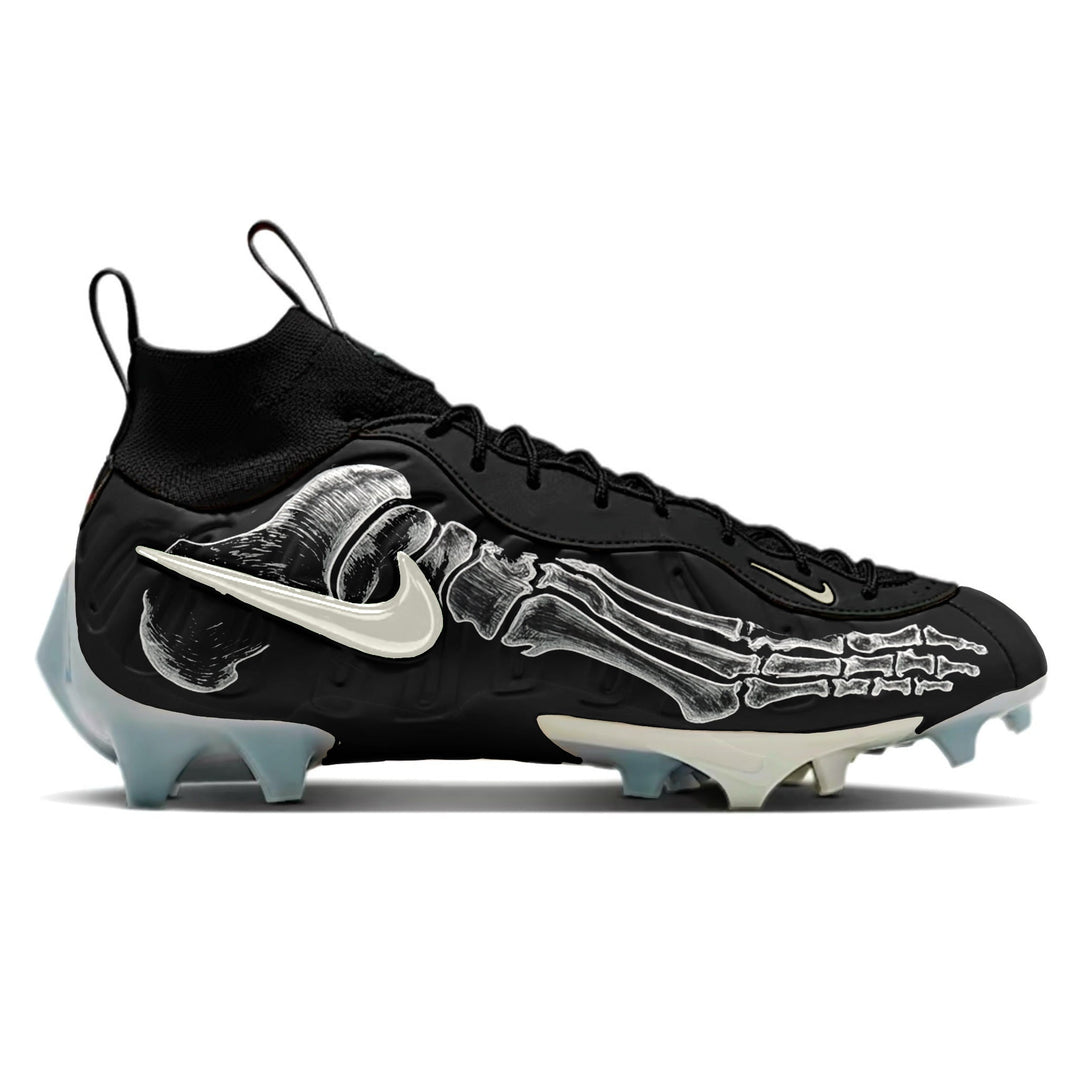 black football cleats with a skeleton along the side.