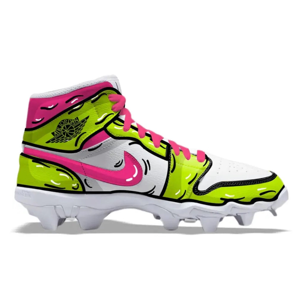 Brightly colored cleat with pink and green design on a white background