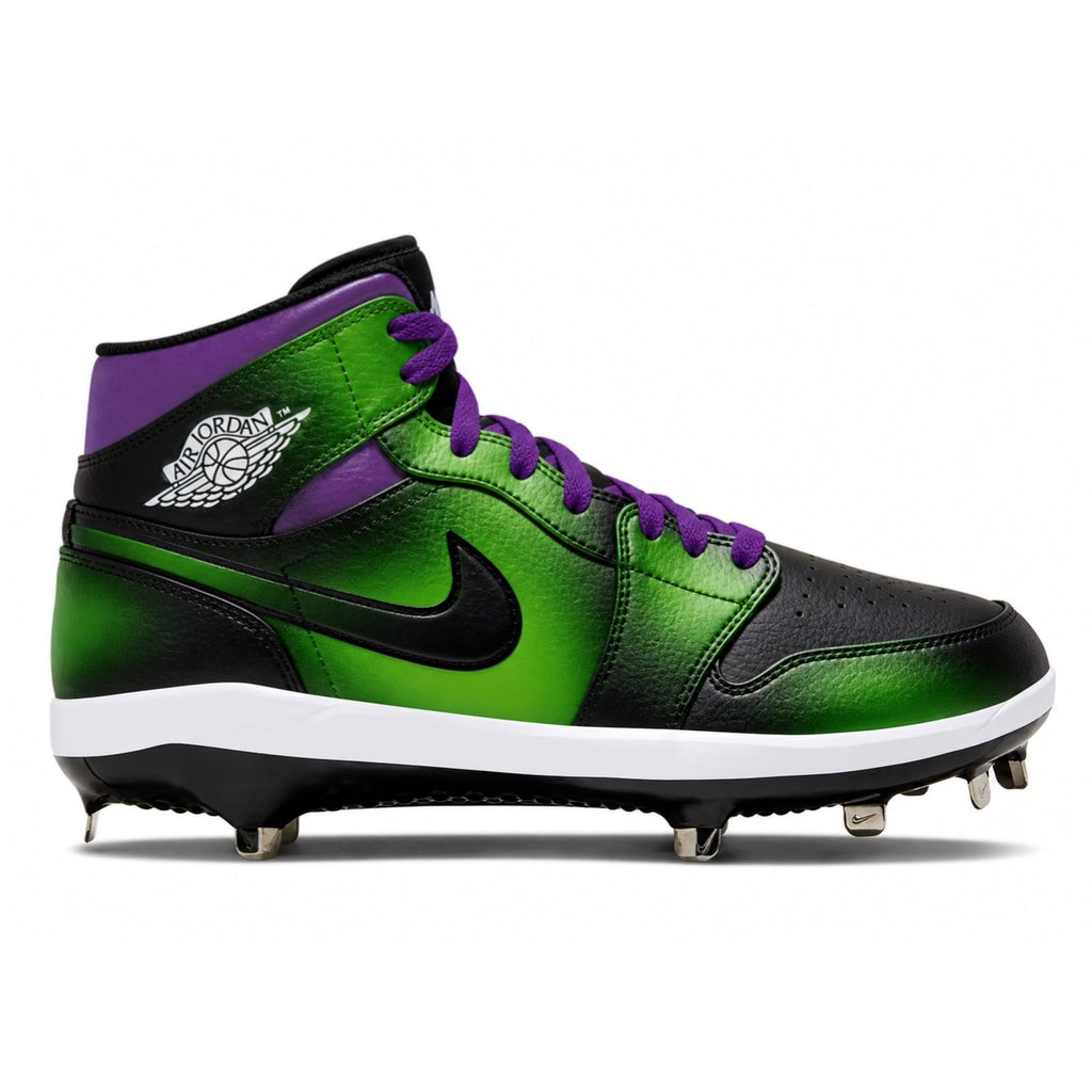 Green and black hulk inspired cleated shoe with purple accents on a white background