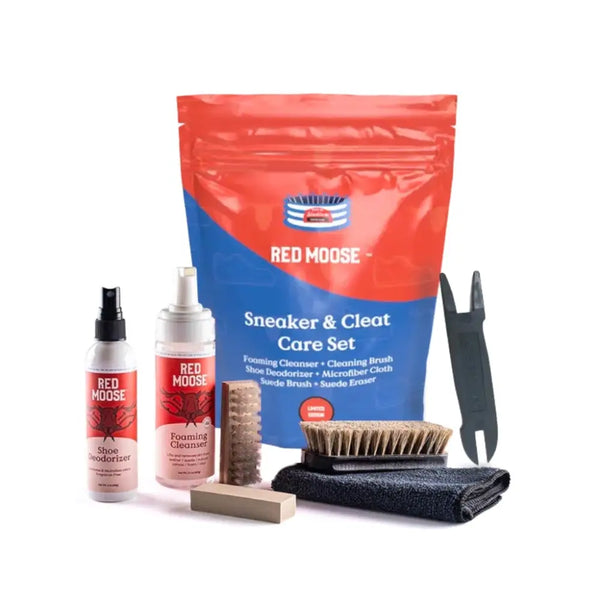 A collection of sneaker and cleat care products from Red Moose, including a foaming cleanser, shoe deodorizer, cleaning brushes, a stain eraser, a large cleaning brush, a microfiber cloth, and a cleat cleaning tool.