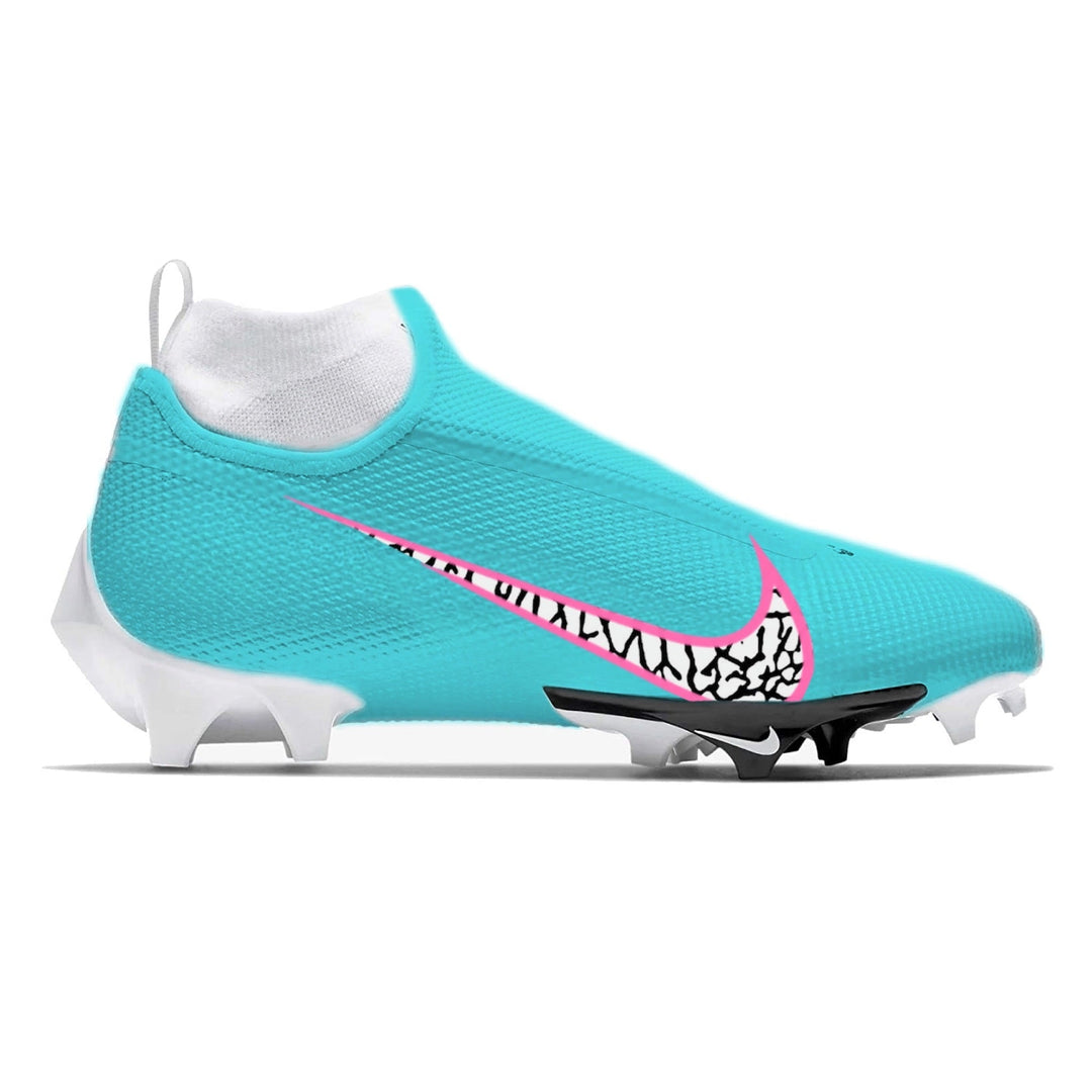 Turquoise football cleat with pink swoosh logo on a white background
