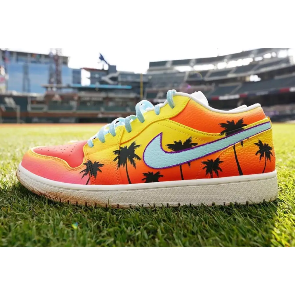 Colorful Palm Tree Sneakers from SoFlo Sunset Jordan 1 Low Shoes product display