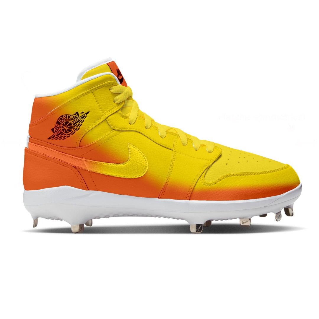 mid top baseball cleats with a yellow and orange gradient color way.