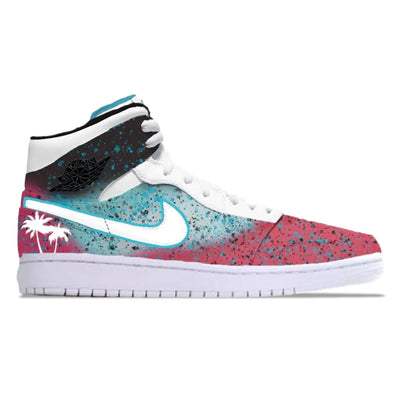 Miami-themed mid-top sneaker with pink and teal and paint splatter on a white background.