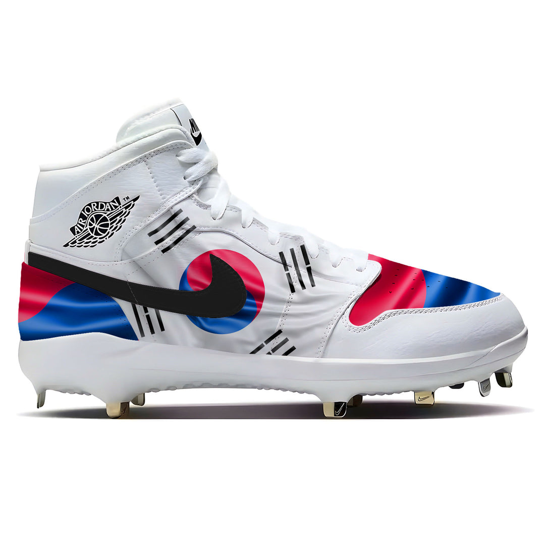 South Korea waving flag design on white Jordan 1 Retro baseball cleats featuring the Taegeuk symbol and black trigrams.