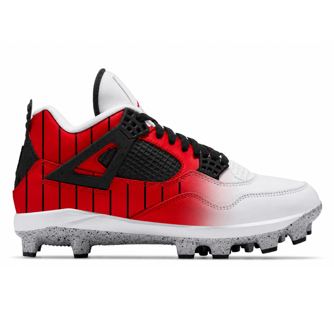 A low-top baseball cleat shown in a side profile on a clean white background. The shoe features a white leather upper with a red-to-white gradient and black pinstripes, a black textured side panel, black laces, and a white midsole with black speckled studs.