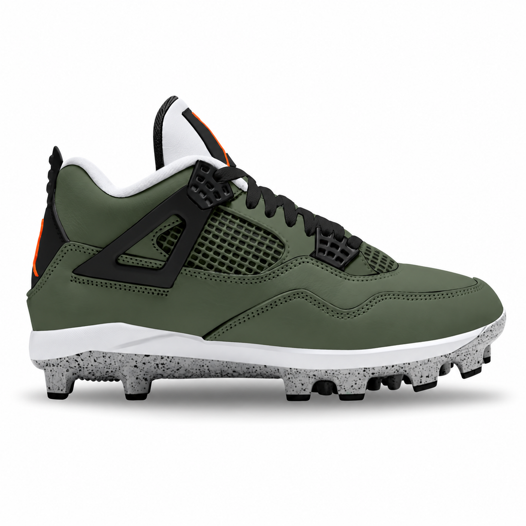Side view of Jordan 4 Retro MCS baseball cleats featuring an olive green upper, black laces and accents, white tongue, subtle orange detailing, white midsole, and gray speckled cleated outsole.