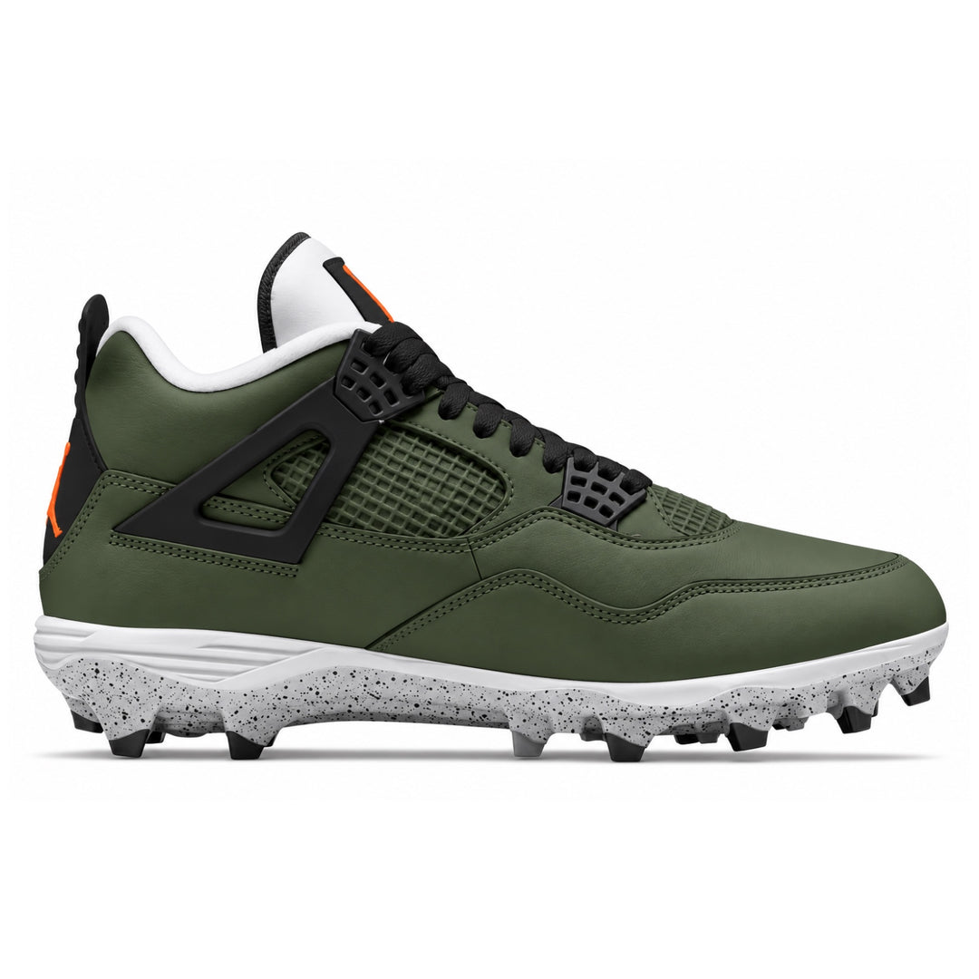 Olive green Jordan 4 mid-cut football cleat featuring black laces, black wing accents, a white tongue with orange detailing, and a white cement-speckled sole with molded studs.