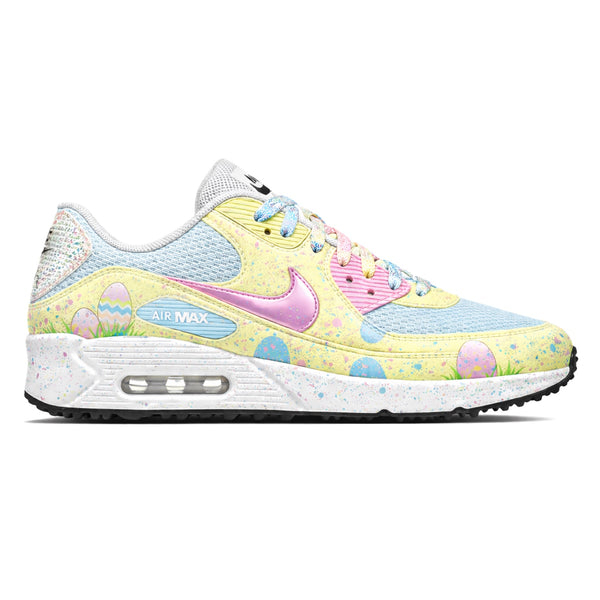 Colorful Nike Air Max golf shoe with Easter egg design on a white background