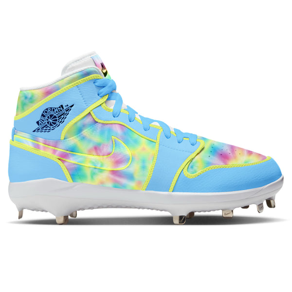 Custom-painted Springtime Pastel Air Jordan 1 Retro baseball cleats in baby blue with tie-dye panels and neon yellow accents by Stadium Custom Kicks