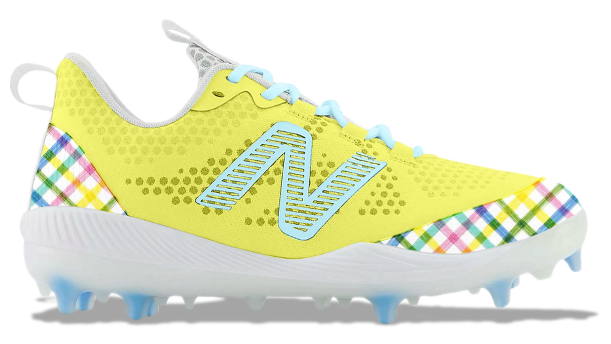 Yellow cleat with colorful pattern and blue accents on a white background