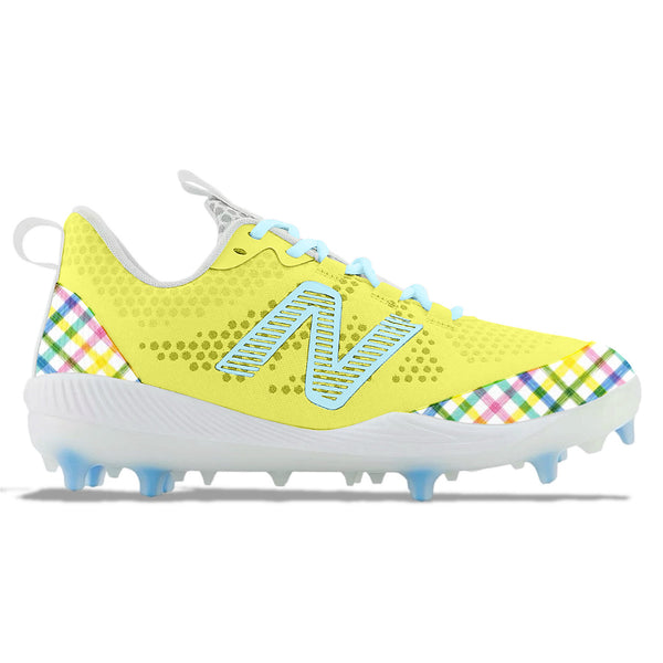 Custom painted Springtime Picnic New Balance FuelCell COMPv3 baseball cleats in yellow with pastel plaid heel panels and baby blue accents by Stadium Custom Kicks
