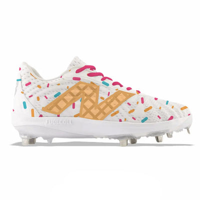 Vanilla ice cream baseball cleats with a waffle cone and rainbow sprinkles.