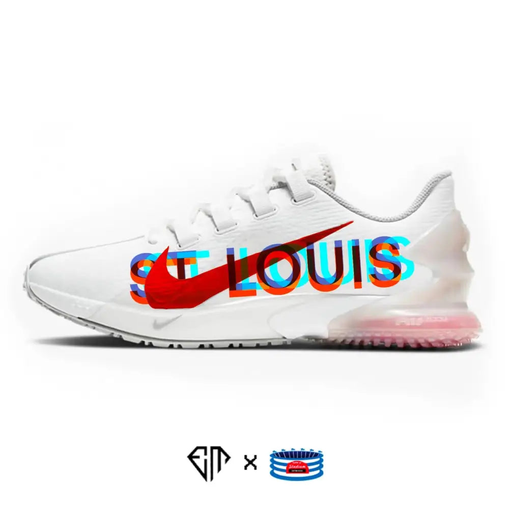 White Nike sneaker with St. Louis text from the Nike Force Zoom Trout 7 Turf product