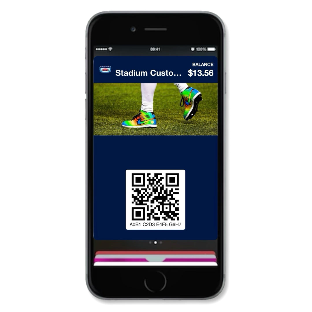 iPhone screen displaying a stadium custom kicks gift card balance with a QR code on a white background