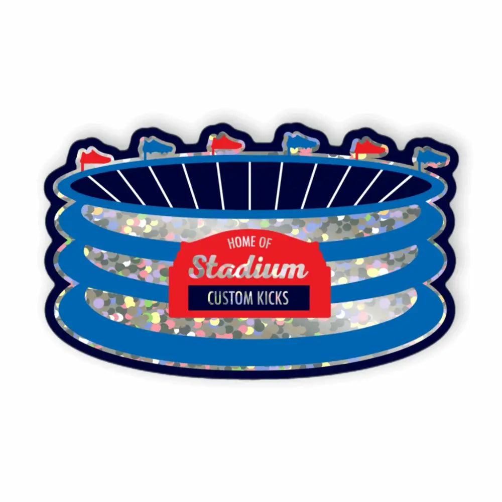 A glitter sticker with a logo that reads 'Stadium Custom Kicks' on a blue and white designed background.