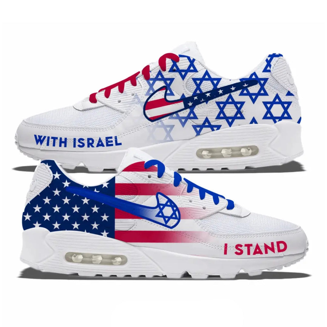White sneakers with American and Israeli flag designs on a white background