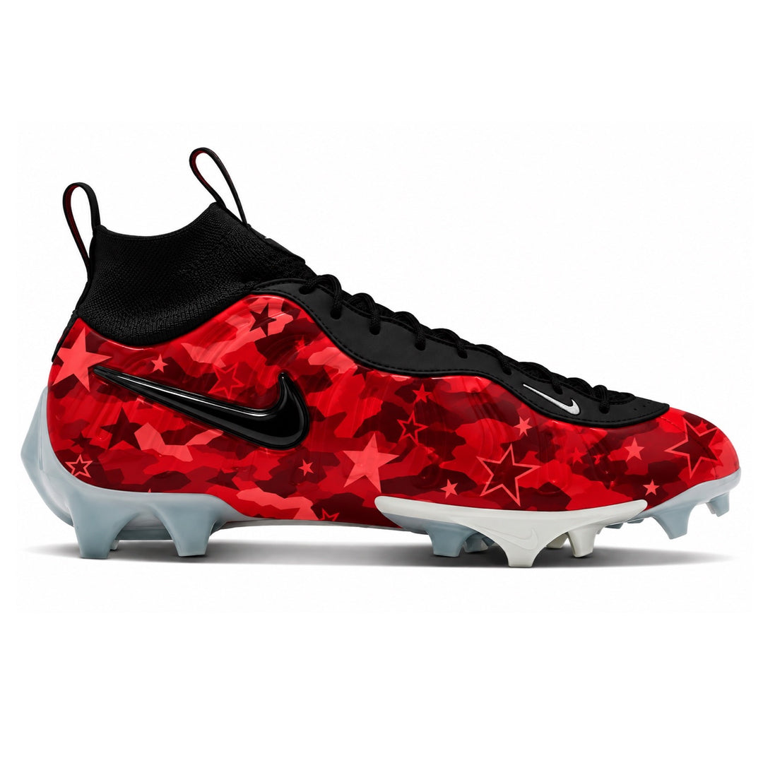 Red Nike Vaporposite Pro cleats with star camo design black Swoosh black laces and icy translucent sole side view by Stadium Custom Kicks