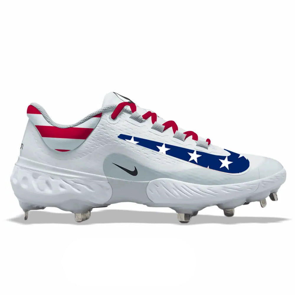 white low top baseball cleats with a usa flag design.