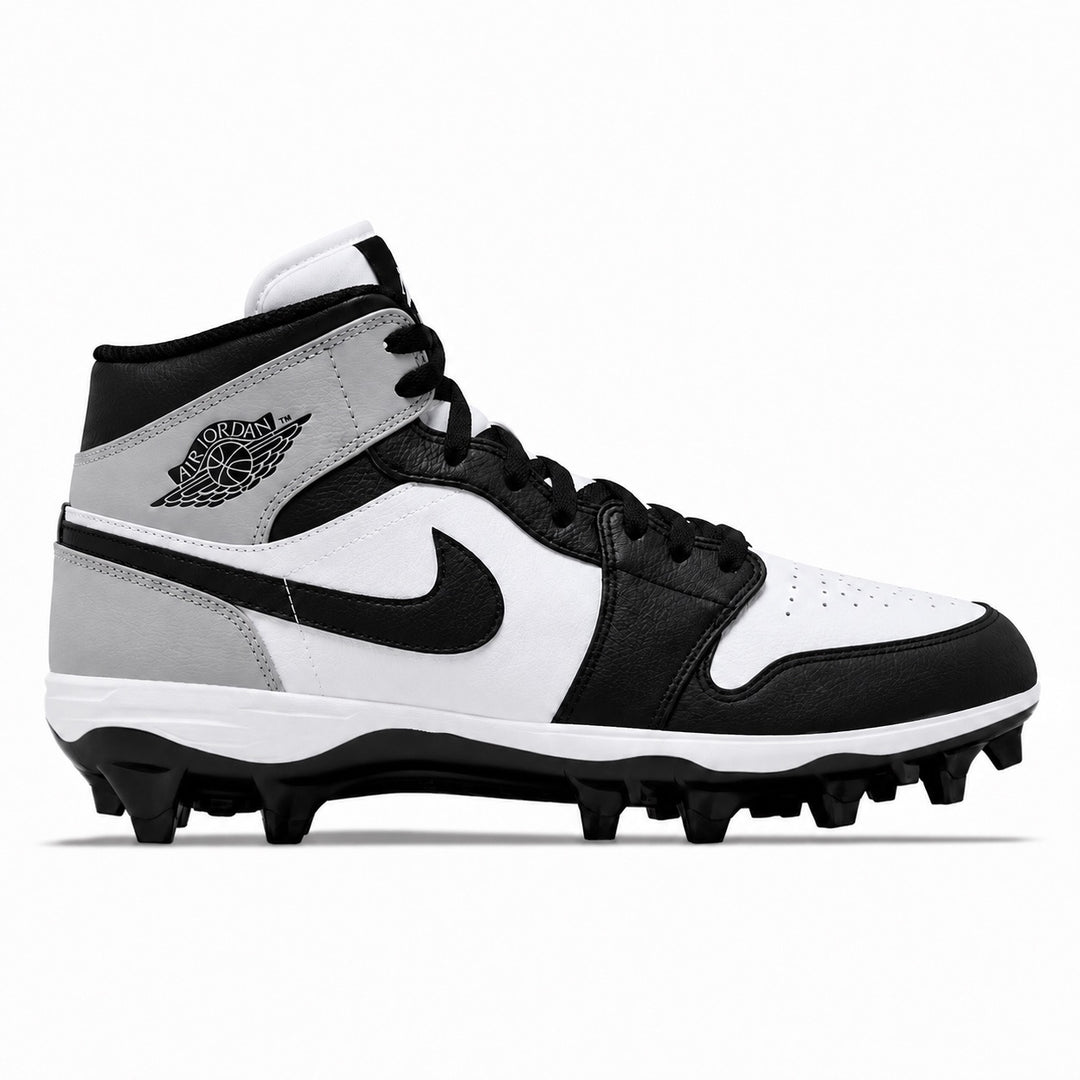 White black and grey Jordan 1 TD cleats side view by Stadium Custom Kicks