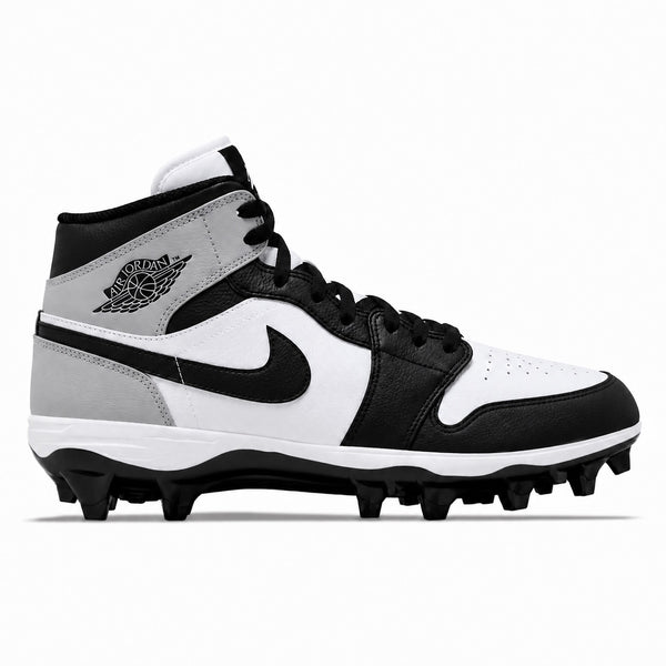 White black and grey Jordan 1 TD cleats side view by Stadium Custom Kicks