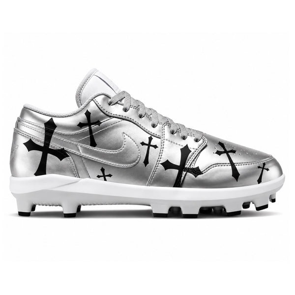 Custom silver Jordan 1 Retro MCS cleats featuring a bold black cross pattern and white sole for a sleek, edgy look — by Stadium Custom Kicks.
